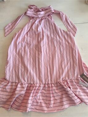 Pink Striped Halter Ruffle Hem Dress